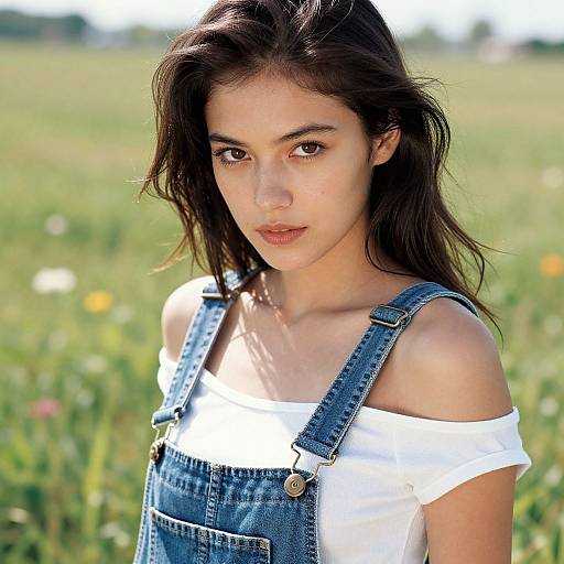 Young woman with long dark brown hair, wearing denim overalls over a white off-shoulder top, standing in a sunlit meadow. Phot