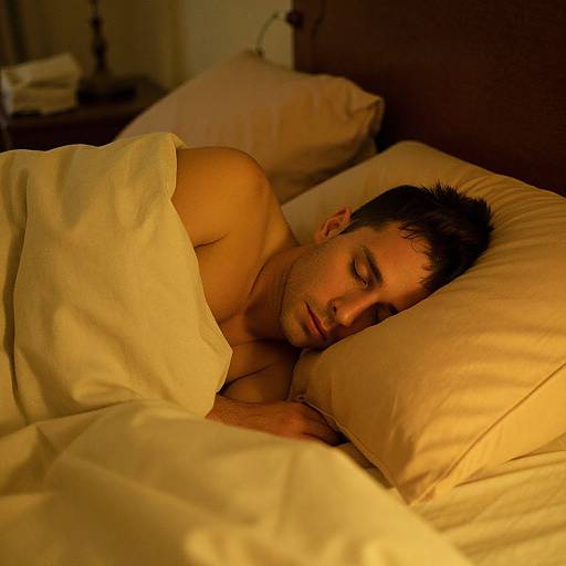 Photograph of a shirtless, dark-haired man sleeping peacefully in a yellow bed, partially covered by white pillows and blankets, under warm, dim lighting