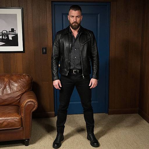 Photograph of a bearded man with a buzzcut, wearing a black leather jacket, black shirt, and pants, standing in a wooden-paneled