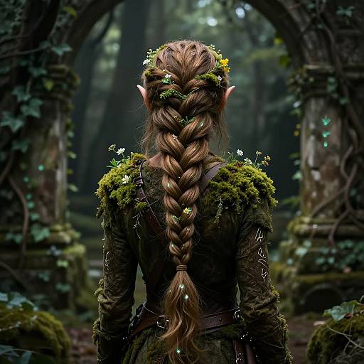 Digital fantasy artwork of an elf with long braided brown hair, adorned with flowers, standing in a mystical forest archway.