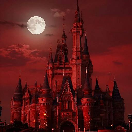 Epic Red-Hued Castle Under Full Moon