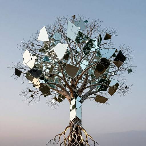 Photograph of a leafless tree adorned with reflective, geometric glass panels against a clear blue sky, resembling modern art installation.