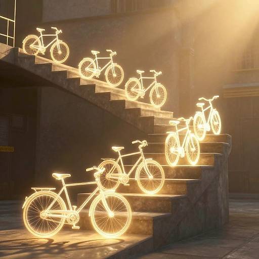 Photograph of glowing, illuminated bicycles arranged on a staircase at night, with warm sunlight casting long shadows. Urban setting.