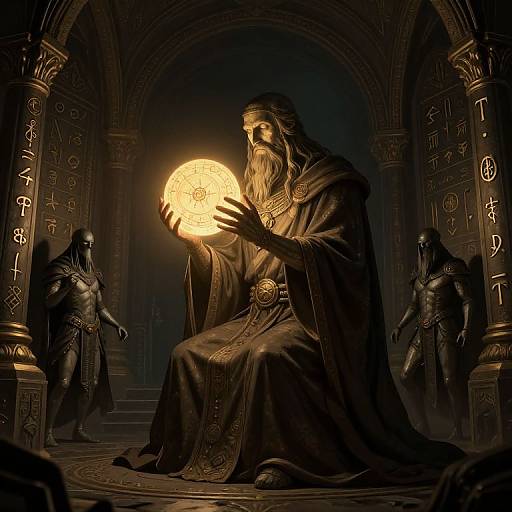 Digital illustration of a bearded wizard in dark robes holding a glowing, ancient-looking sun, surrounded by stone arches with mystical symbols, and three armored