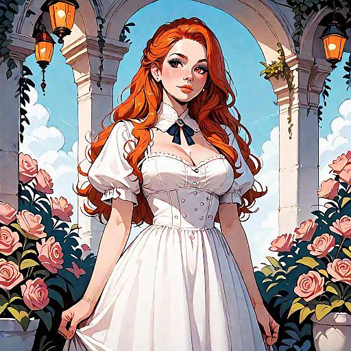 Digital anime-style illustration of a red-haired woman with long wavy hair, wearing a white, buttoned dress with puffed sleeves, standing in a