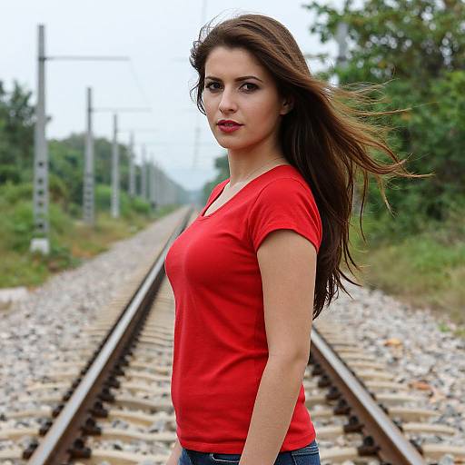 Photograph of a young woman with long brown hair, red shirt, and jeans standing on railway tracks, wind blowing through her hair, green trees in