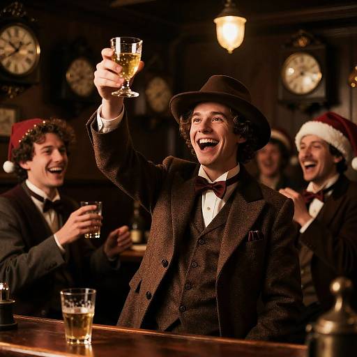 Time traveler toasting in vintage pub