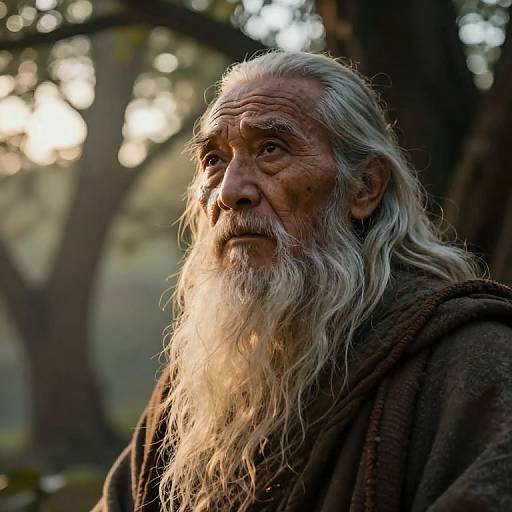 Photograph of an elderly man with a long, white, wavy beard, wearing a brown cloak, standing in a sunlit forest, with a