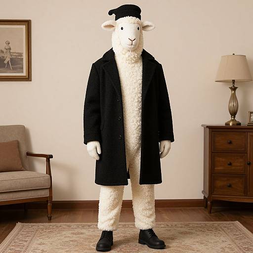 Photograph of a person in a white sheep costume with black coat, hat, and boots, standing in a living room.
