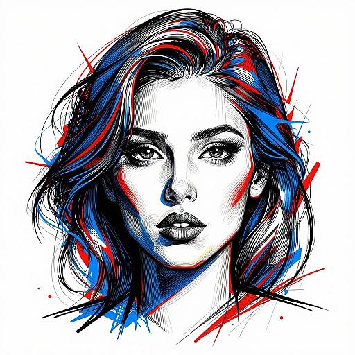 Digital portrait of a woman with black hair, blue and red abstract accents, and intense expression, rendered in bold ink lines.