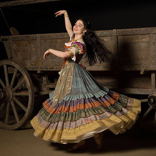 Photograph of a dark-haired woman dancing in a colorful, multi-layered, striped dress, with an old wooden wagon in the background.