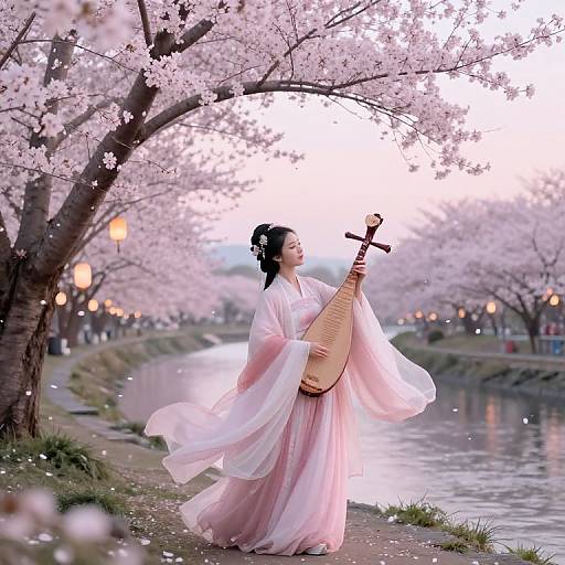 Digital painting of an Asian woman in a flowing pink kimono, holding a traditional Korean gujaeo (double-sided drum), standing by a cherry blossom