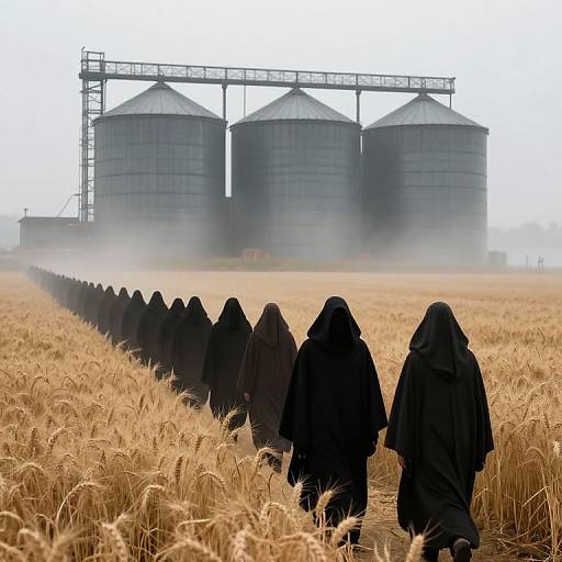 Photograph of hooded figures walking in a golden wheat field towards large, industrial silos with a metal structure, shrouded in mist.