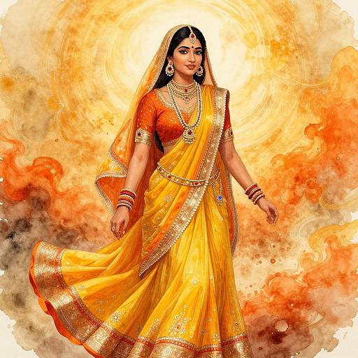 Photograph of an Indian woman in a vibrant yellow traditional saree with gold trim, adorned with jewelry, standing against a fiery orange and yellow abstract background