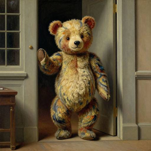 Photograph of a colorful, fluffy teddy bear costume standing in a doorway with one arm raised, set against a classic, wooden-paneled room.