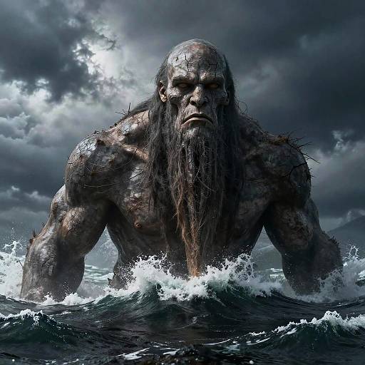 Digital artwork of a muscular, bald, bearded sea monster with dark, stormy clouds behind, emerging from turbulent, splashing ocean waves.