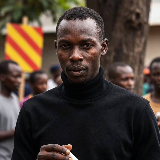 Black Man in Black Turtleneck Holding White Object