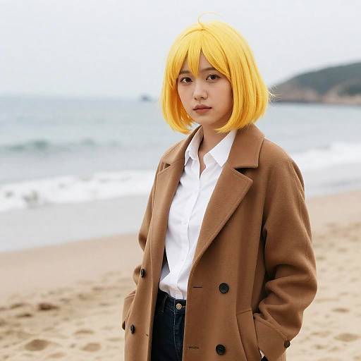 Woman in Yellow Wig on Beach
