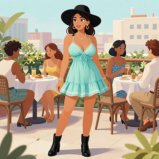Digital illustration of a confident woman in a blue dress and black hat, standing on a sunny rooftop patio with four seated diners in the background.