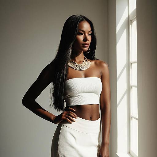 Elegant Dark-Skinned Woman in White Bandeau Top