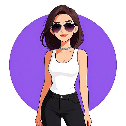 Digital illustration of a confident woman with shoulder-length brown hair, wearing sunglasses, white tank top, black jeans, and choker, against a purple circle