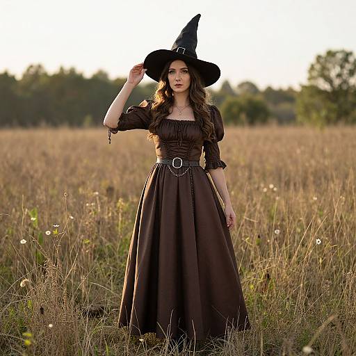 Photograph of a young woman with long brown hair, wearing a black witch hat and brown dress, standing in a sunlit field of tall grass.