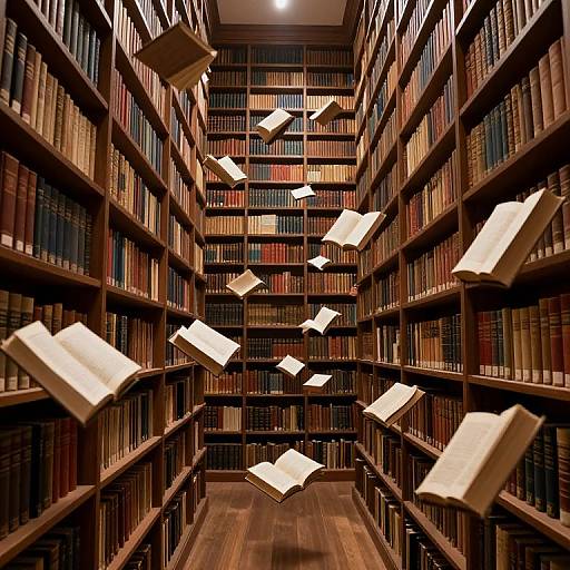 Photograph of a library aisle with floating open books, surrounded by tall wooden bookshelves filled with colorful, bound books.