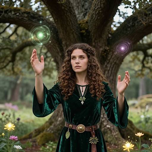 Photograph of a curly-haired woman in a green velvet dress, standing in a forest, casting magical green and purple orbs.