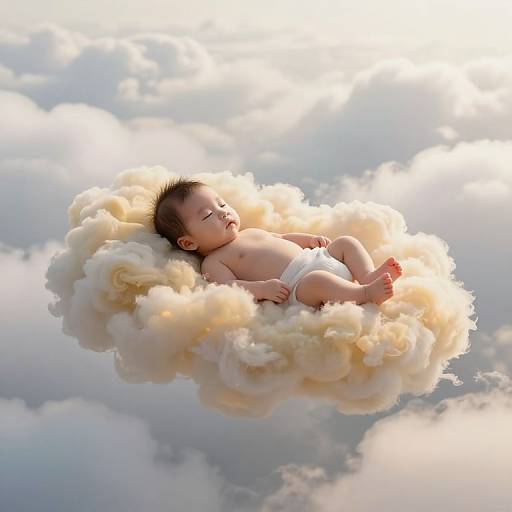 Photograph of a sleeping baby with dark hair and light skin, wearing a white diaper, floating on a fluffy white cloud against a bright, cloudy sky