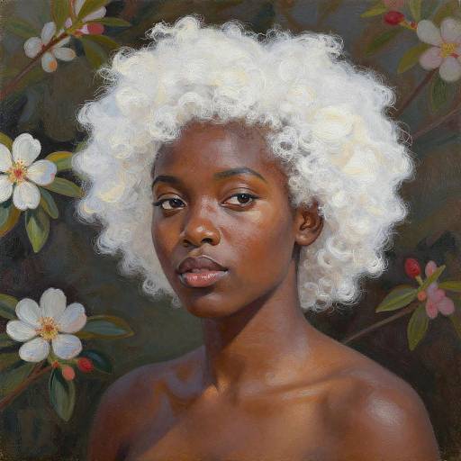 Digital painting of a beautiful dark-skinned woman with white, curly hair, surrounded by white flowers, against a dark, floral background.