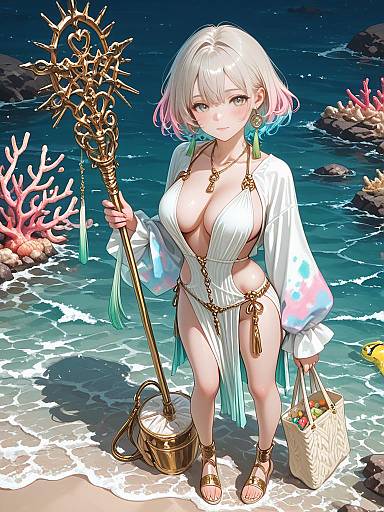 Woman in Monokini and Kaftan on Beach