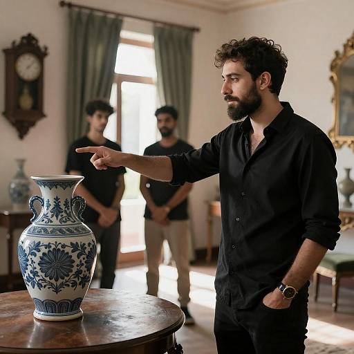 Man Pointing at Ceramic Vase in Sunlit Room