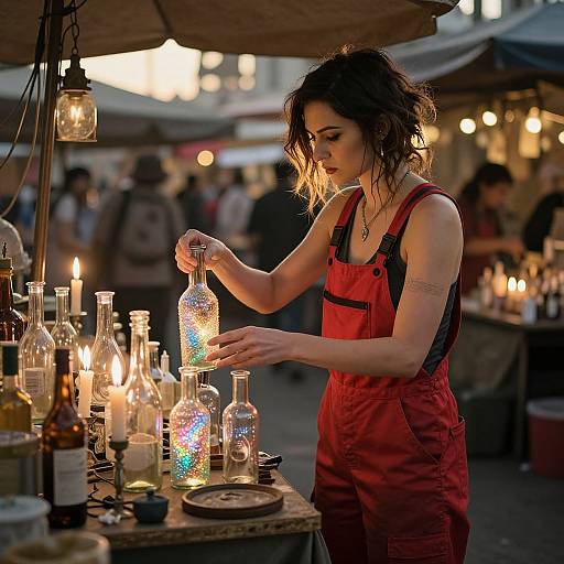 Photograph of a young woman with messy black hair, wearing red overalls, illuminating colorful glass bottles with candles at a bustling outdoor market.