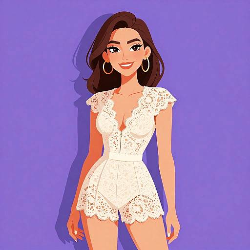 Digital illustration of a smiling woman with brown hair, wearing a white lace romper, large hoop earrings, and standing against a purple background.