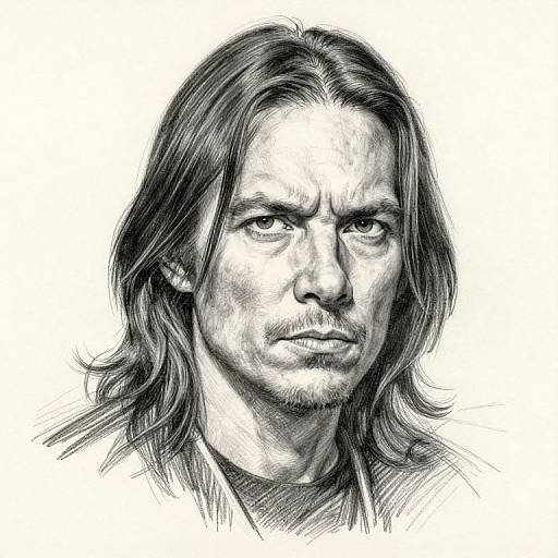 Monochrome pencil sketch of a serious-looking man with long, straight hair, intense eyes, and a slight beard, facing forward.