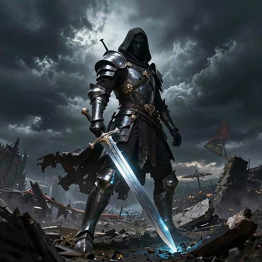Dark, armored warrior with glowing sword stands in ruined, stormy landscape. Cloudy sky, shattered buildings, and debris surround him. Epic fantasy scene