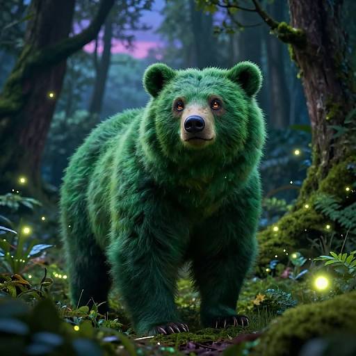 Digital artwork of a glowing, green bear with intense red eyes in a mystical forest, surrounded by glowing fireflies under a twilight sky.