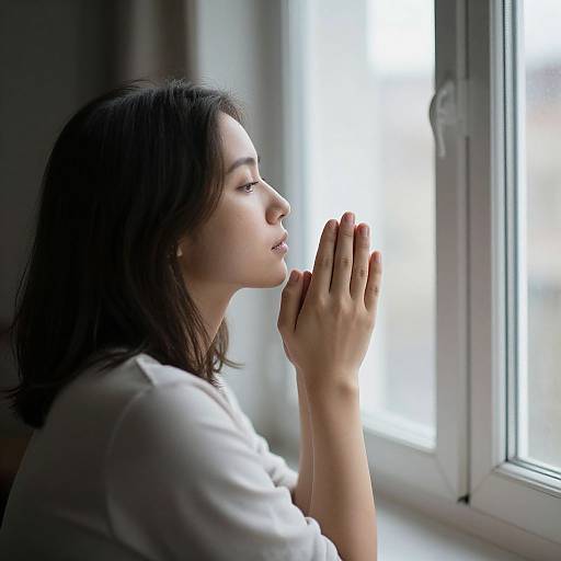 Photograph of a young woman with medium-length dark hair, wearing a white shirt, praying with hands clasped near a bright window.