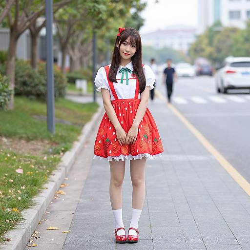 Woman in Strawberry Costume on Sidewalk