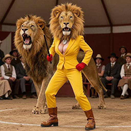 Photograph of a person in a yellow suit, red gloves, and lion head mask, standing confidently beside a roaring lion in a circus tent, with
