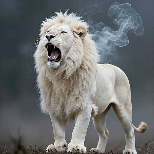Photograph of a white lion with a roaring expression, smoke emerging from its mouth, standing on dark ground against a gray-blue background.