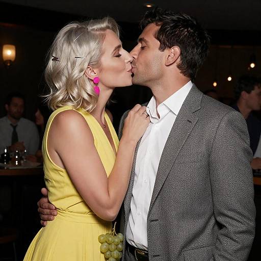 Couple Kissing in Dimly Lit Restaurant