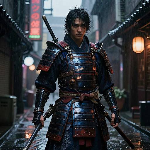 Photorealistic digital artwork of a serious, wet-haired Asian samurai in shiny black armor, standing in a rainy, neon-lit alleyway with