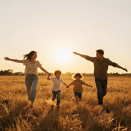 Golden Hour Family Running Through Field