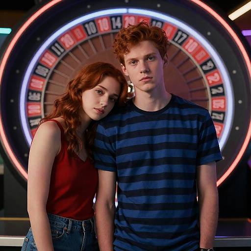 Neon Roulette Wheel Couple Portrait