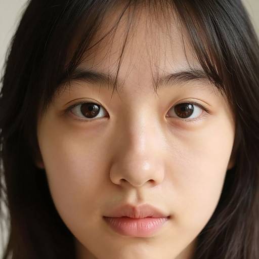 Close-up photograph of an Asian woman with straight black hair, fair skin, and brown eyes, looking directly at the camera with a neutral expression.