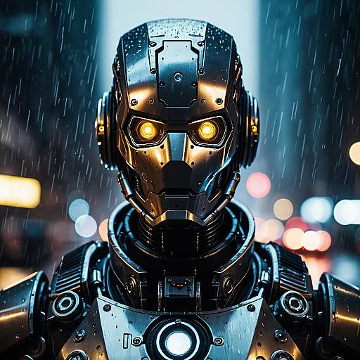Cyberpunk Robot Headshot in Rainy Night
