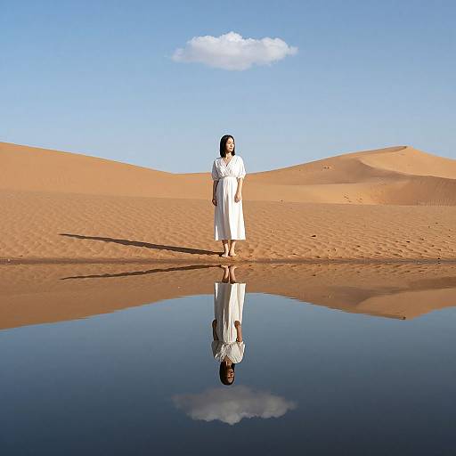 Photograph of a woman in a white dress standing in a desert, reflecting in a calm puddle beneath her, with blue sky and orange sand d