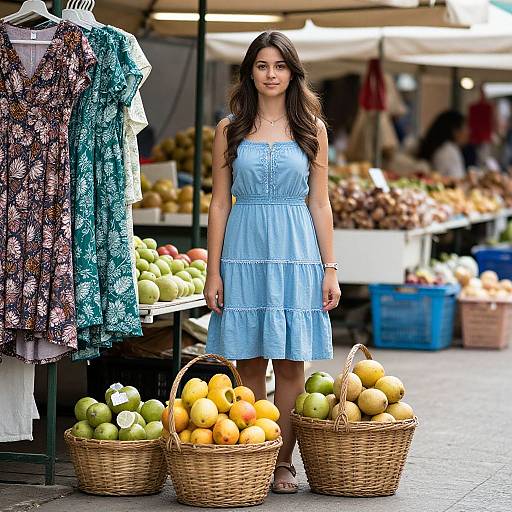Photograph of a young woman with long brown hair in a light blue, sleeveless, tiered dress, standing in front of a market stall with