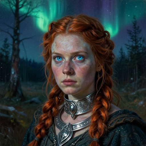 Digital artwork of a red-haired, blue-eyed woman with braided hair, wearing a silver choker, set against a mystical aurora borealis night